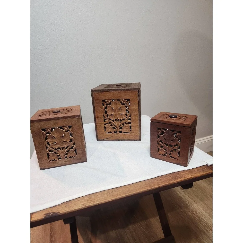 Vintage Hand Carved Wood Nesting Boxes Set of 3 Floral Lattice Storage Trinket